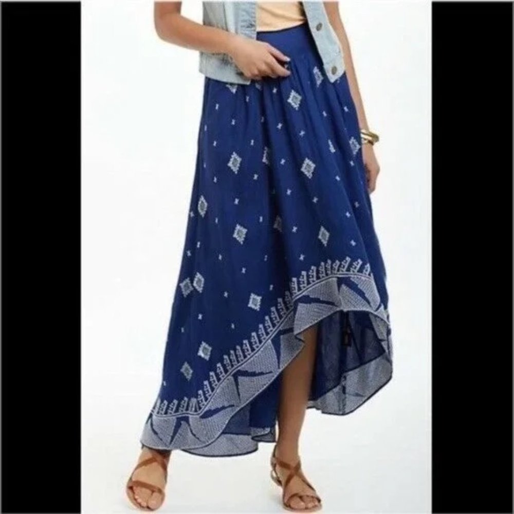 ANTHROPOLOGIE x FLOREAT Blue White Hi-Low Midi Skirt Stretch Waist Boho Summer